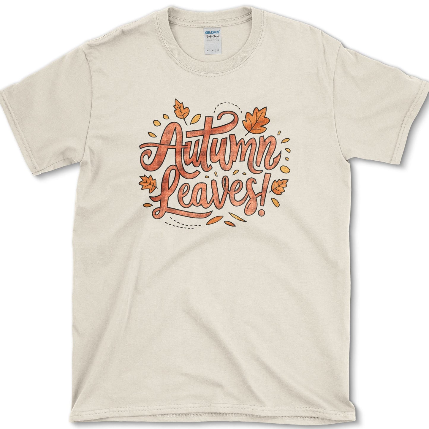 Autumn Leaves artwork featuring autumn leaves and fall lettering on a T-shirt