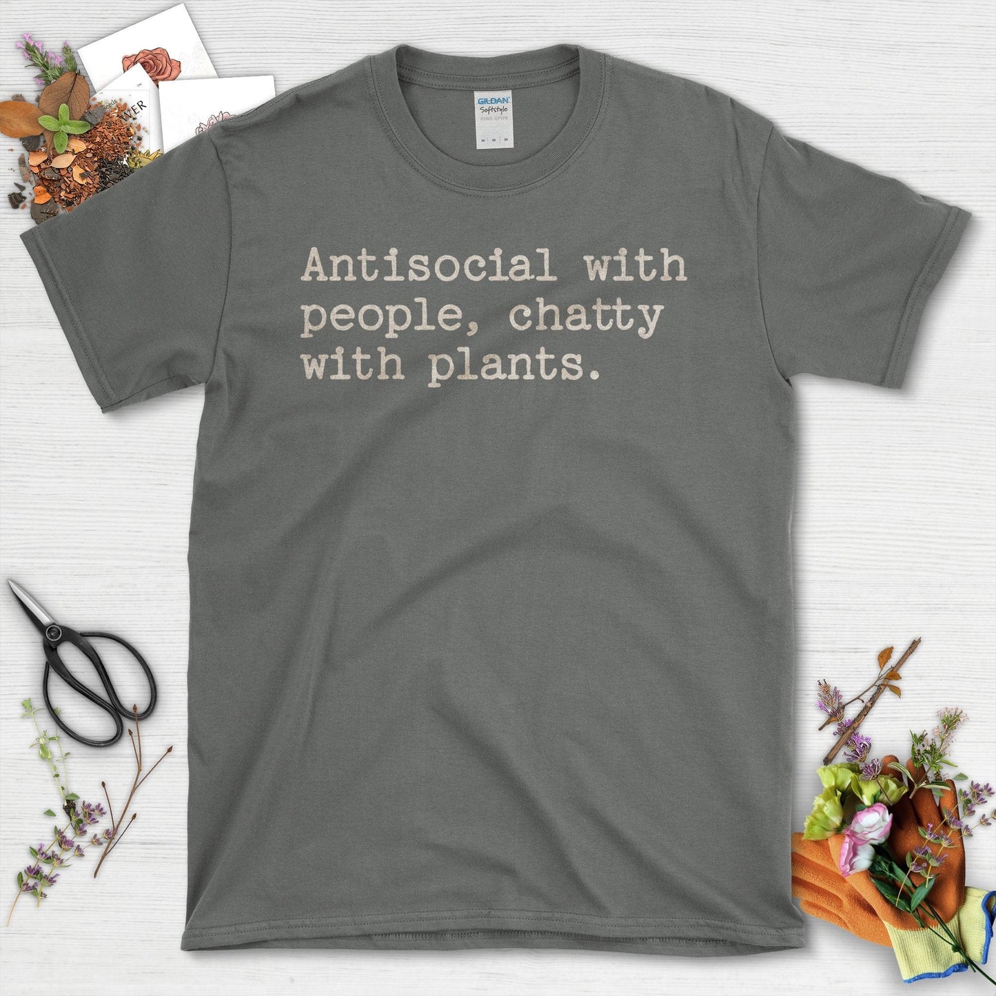 Antisocial with People Chatty with Plants Quote T-Shirt Charcoal / S T-Shirt