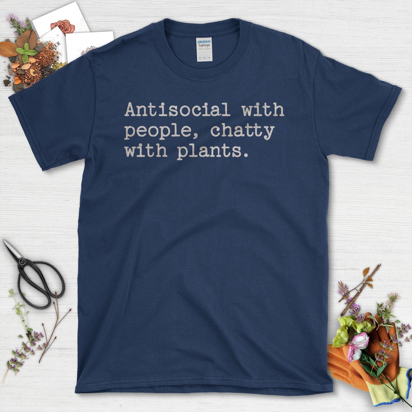 Antisocial with People Chatty with Plants Quote T-Shirt Navy / S T-Shirt