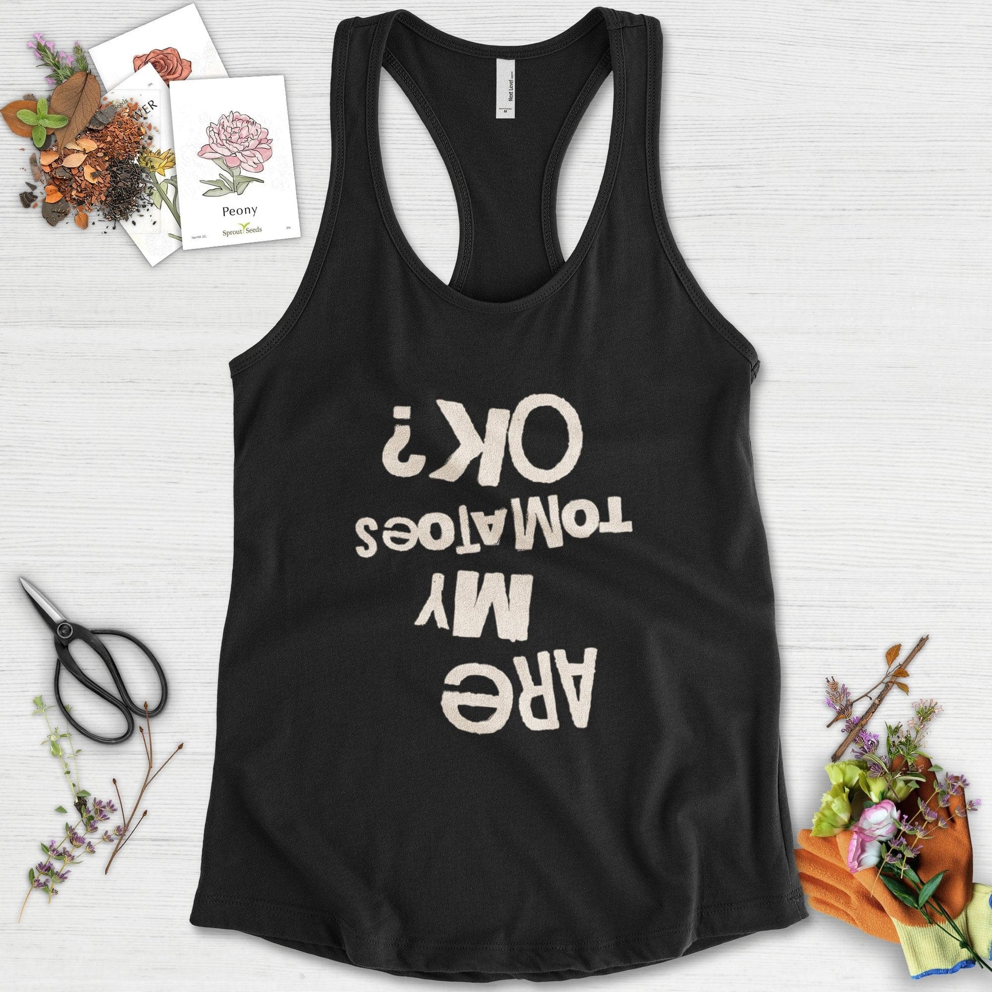 Are My Tomatoes OK Racerback Racerback / XS / Black Physical Item