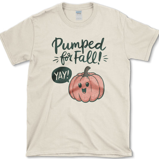 Pumped For Fall artwork featuring pumpkin and fall pumpkin on a T-shirt