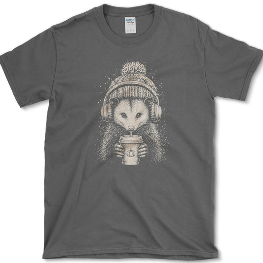 Pumpkin Spice Opossum artwork featuring opossum and pumpkin spice drink on a T-shirt