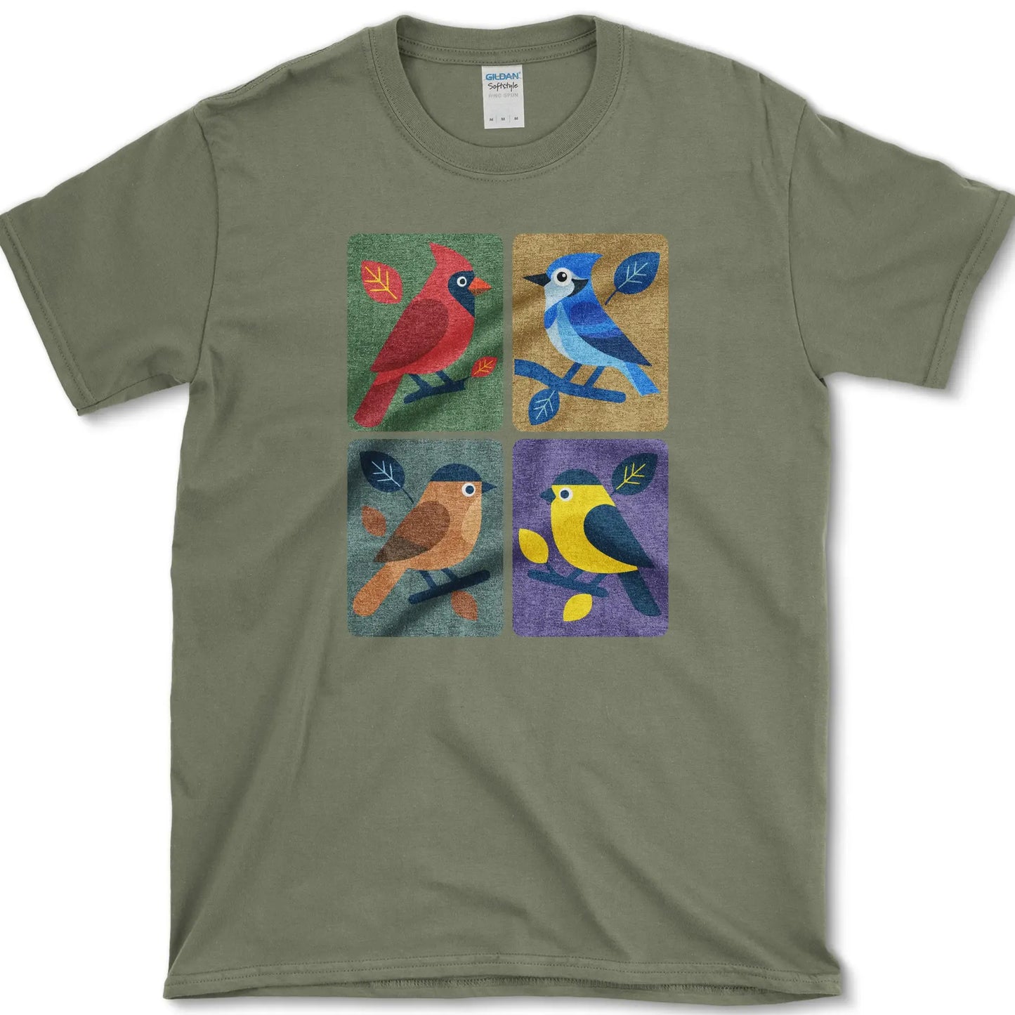 Backyard Quartet Bird Art T-Shirt Military Green / S Essential Tees