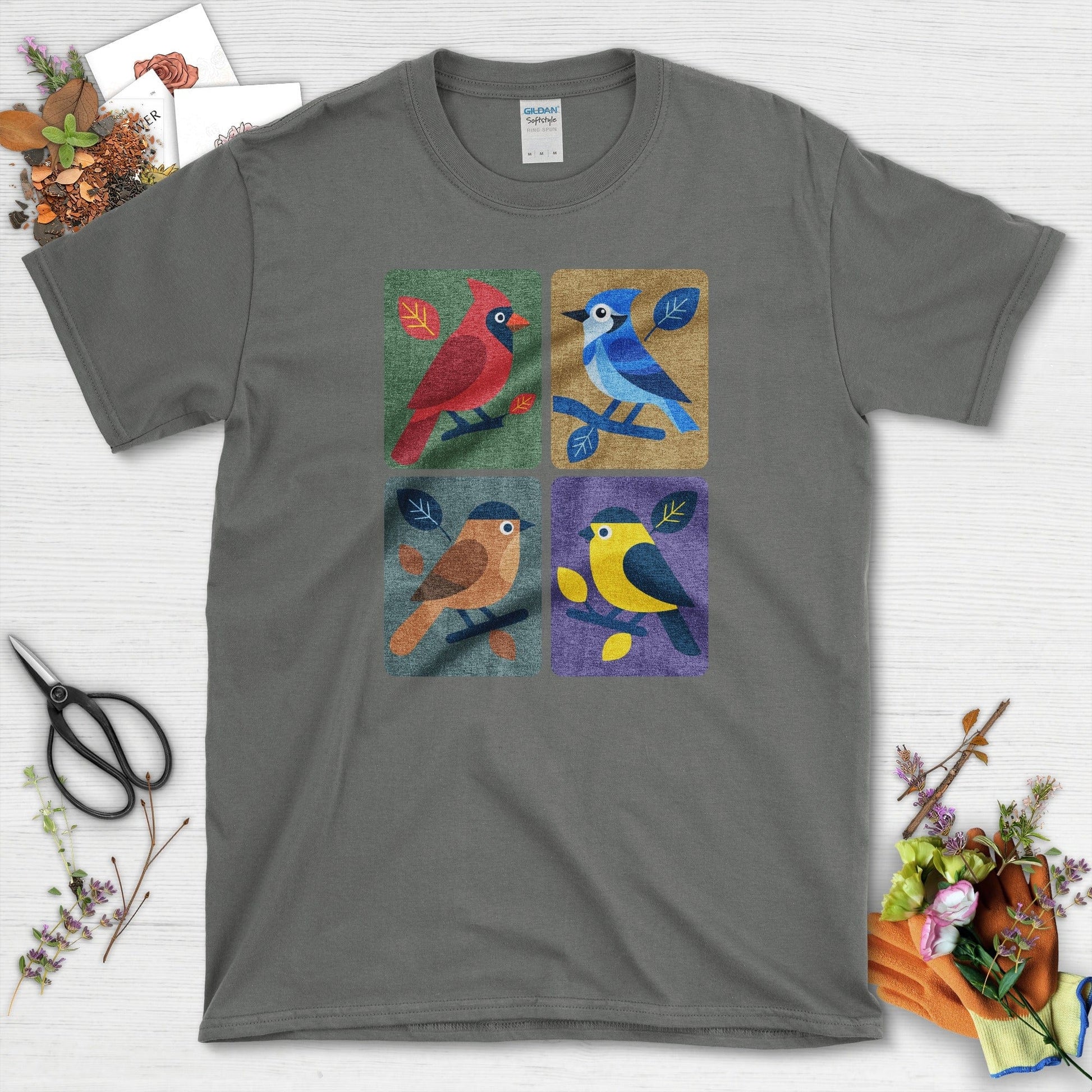 Backyard Quartet Bird Art T-Shirt T-Shirts / S / Charcoal Physical Item