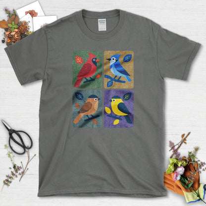 Backyard Quartet Bird Art T-Shirt T-Shirts / S / Charcoal Physical Item