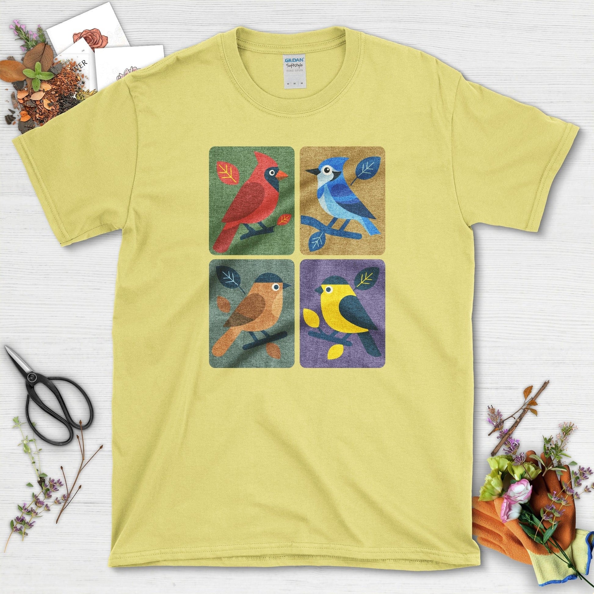 Backyard Quartet Bird Art T-Shirt T-Shirts / S / Cornsilk Physical Item