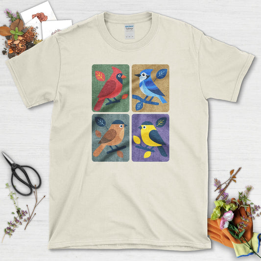 Backyard Quartet Bird Art T-Shirt T-Shirts / S / Natural Physical Item