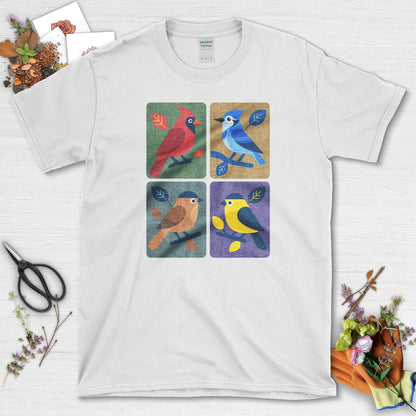 Backyard Quartet Bird Art T-Shirt T-Shirts / S / White Physical Item