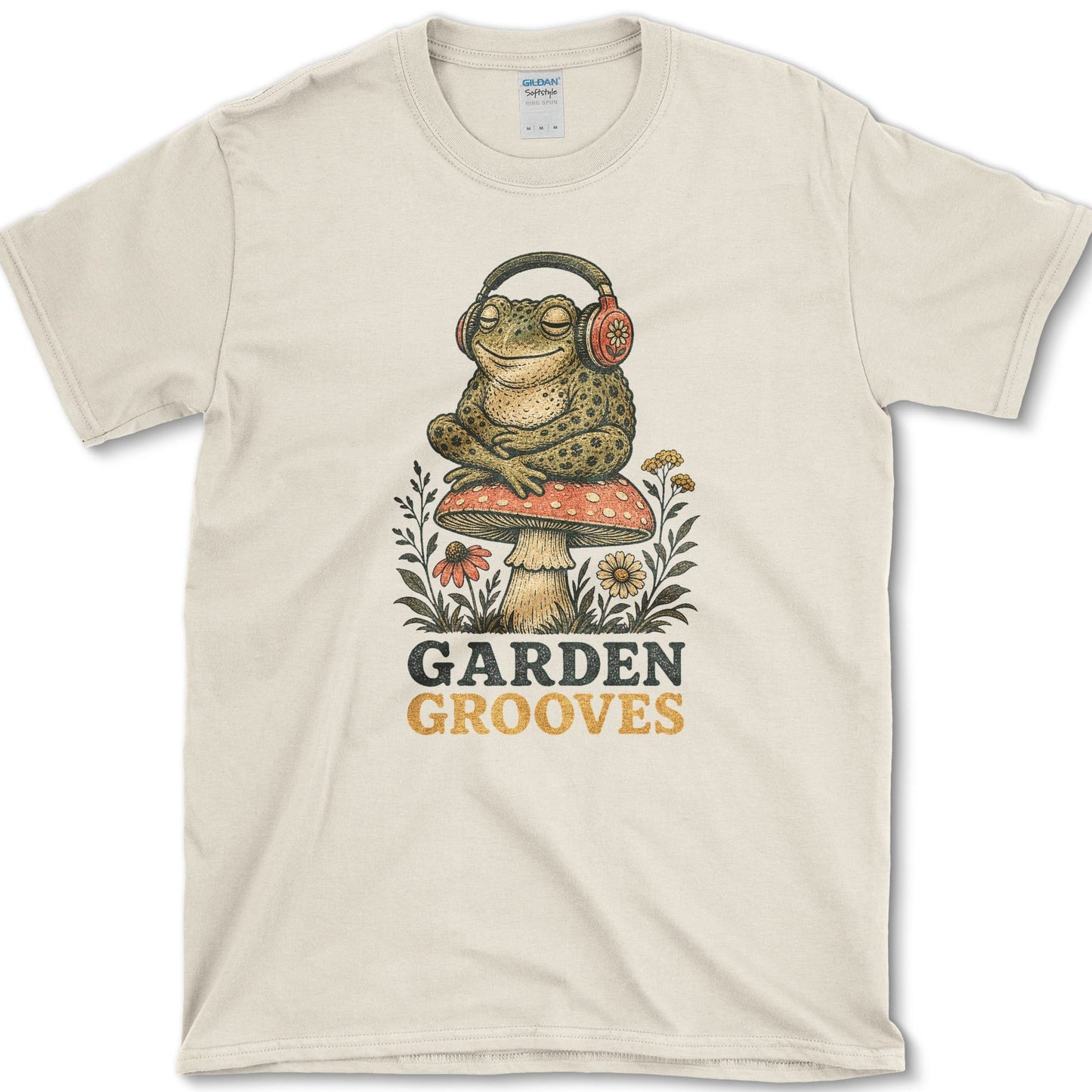 Garden Grooves design featuring frog artwork on a t-shirt