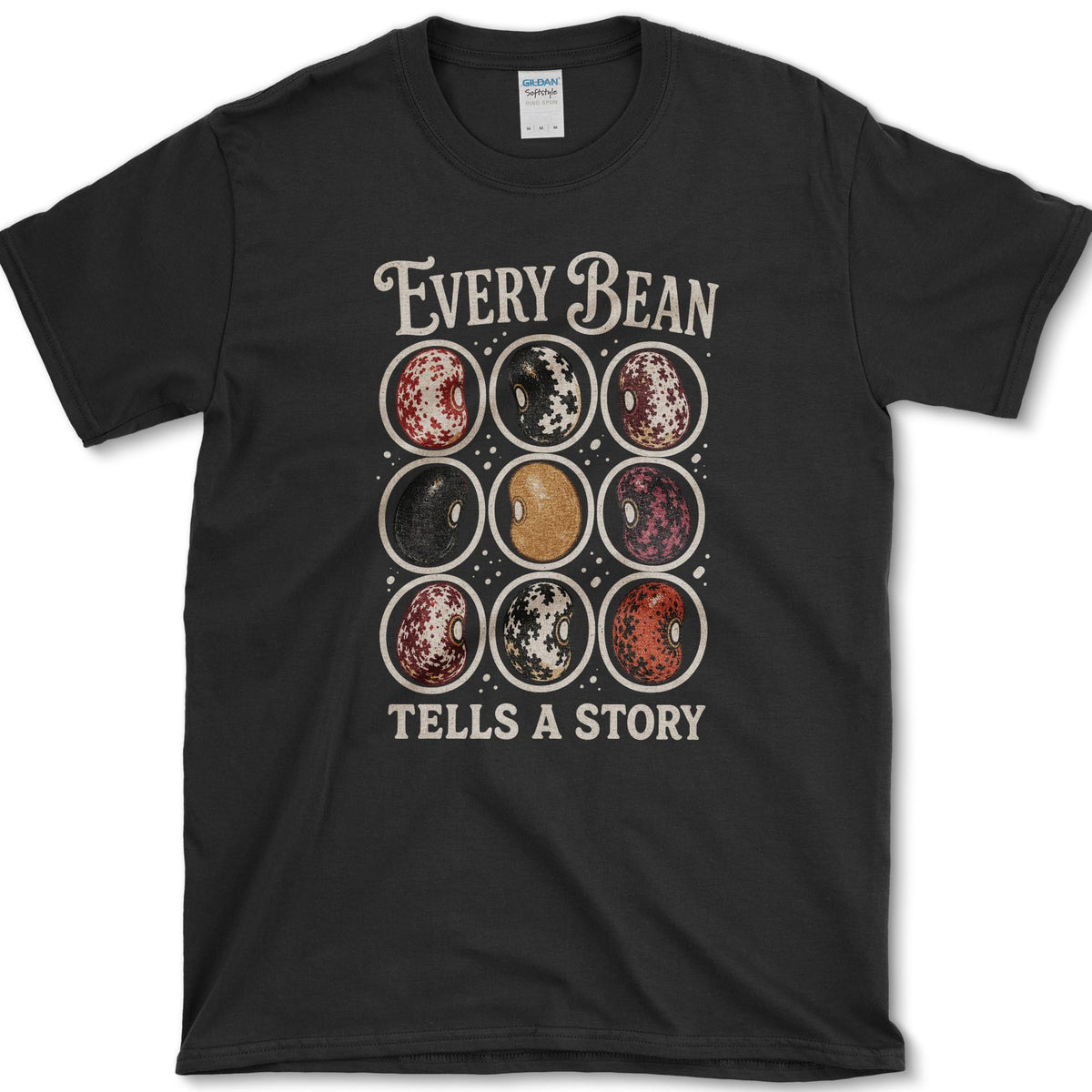 Nine mottled red, black, cream, and brown beans between Every Bean and Tells a Story lettering