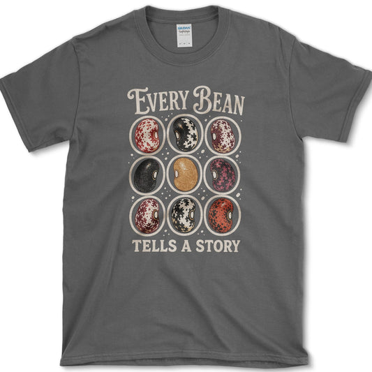 Nine mottled red, black, cream, and brown beans between Every Bean and Tells a Story lettering