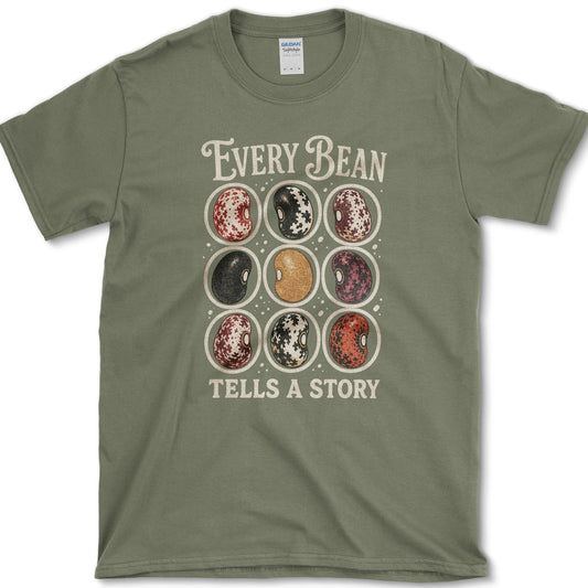 Nine mottled red, black, cream, and brown beans between Every Bean and Tells a Story lettering