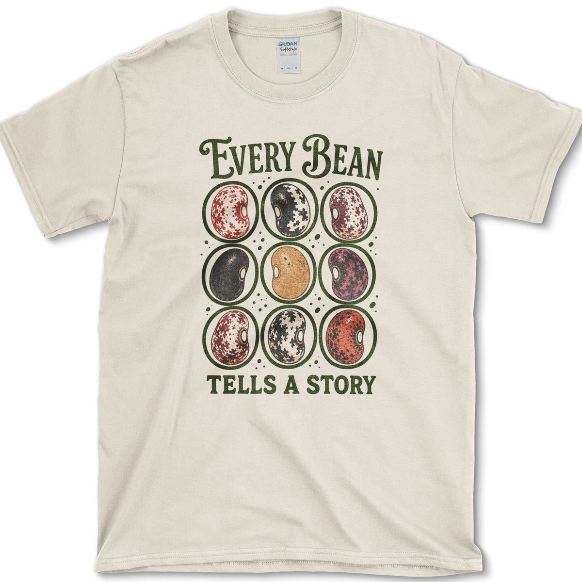 Nine mottled red, black, cream, and brown beans between Every Bean and Tells a Story lettering