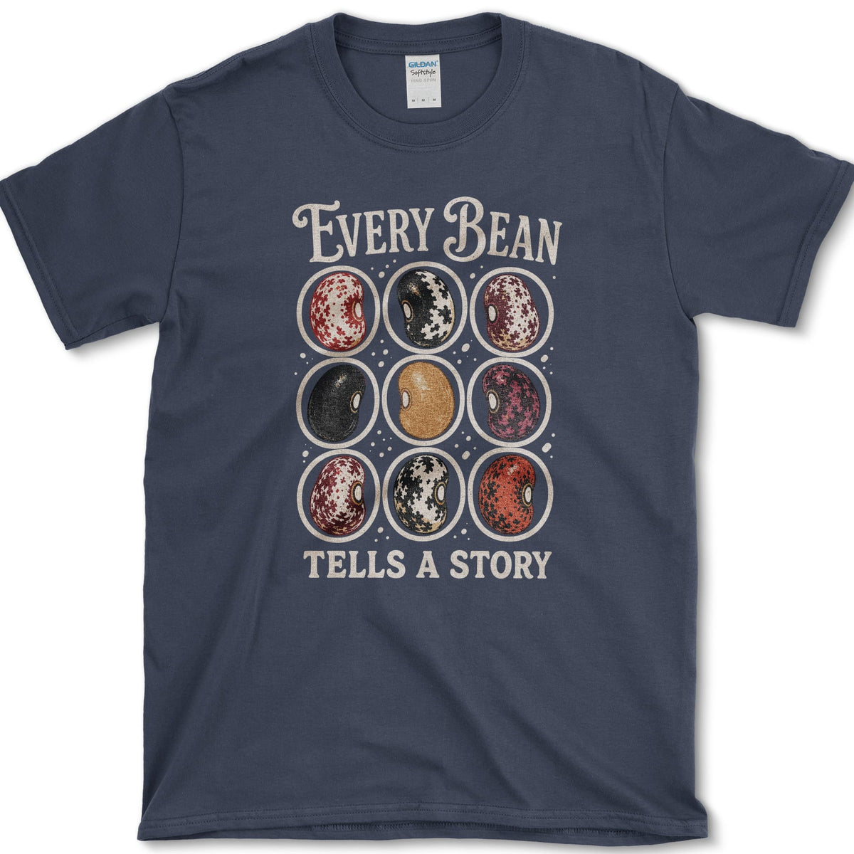 Nine mottled red, black, cream, and brown beans between Every Bean and Tells a Story lettering