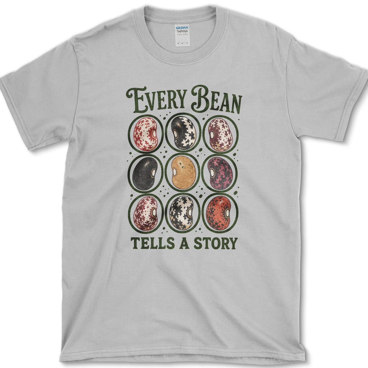 Nine mottled red, black, cream, and brown beans between Every Bean and Tells a Story lettering