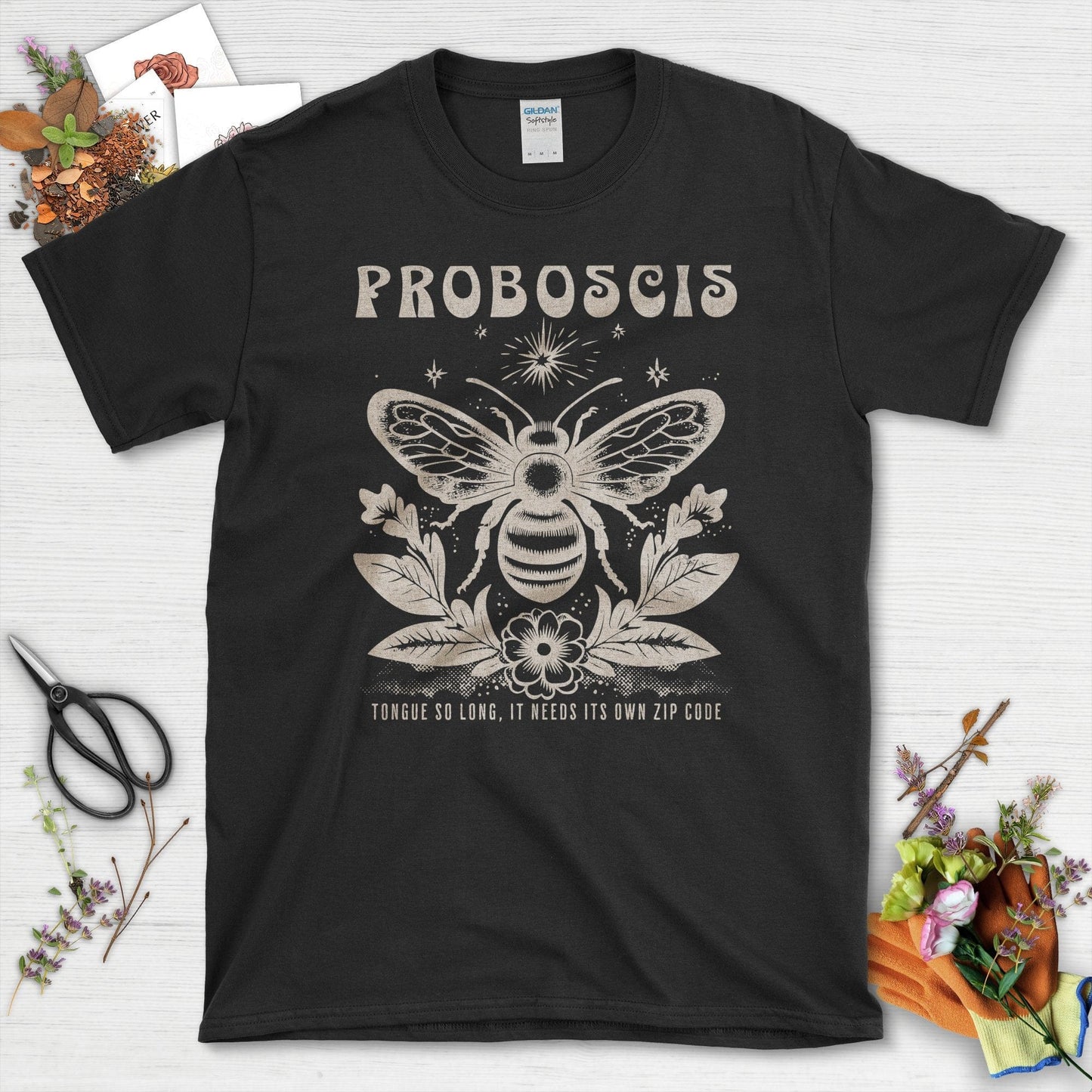 Bee Illustration Proboscis Tongue Long Zip Code T-Shirts Black / S T-Shirt