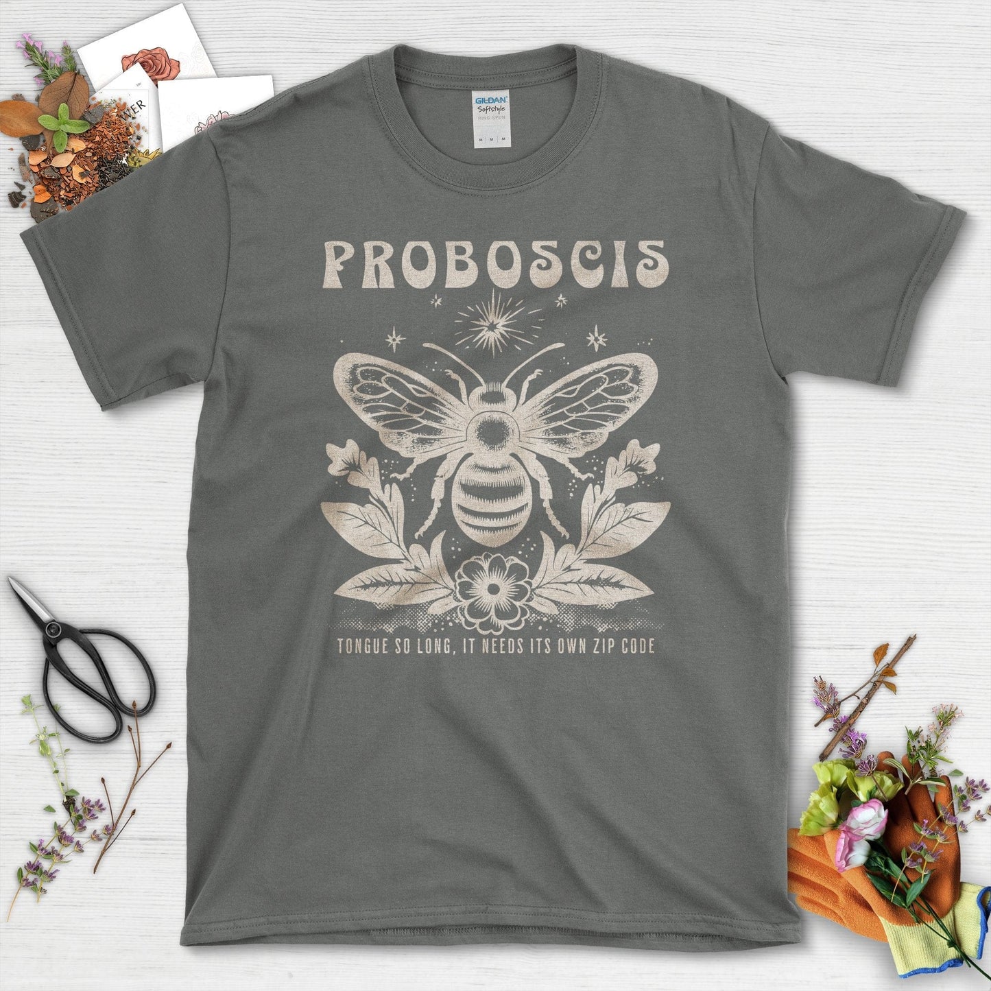 Bee Illustration Proboscis Tongue Long Zip Code T-Shirts Charcoal / S T-Shirt