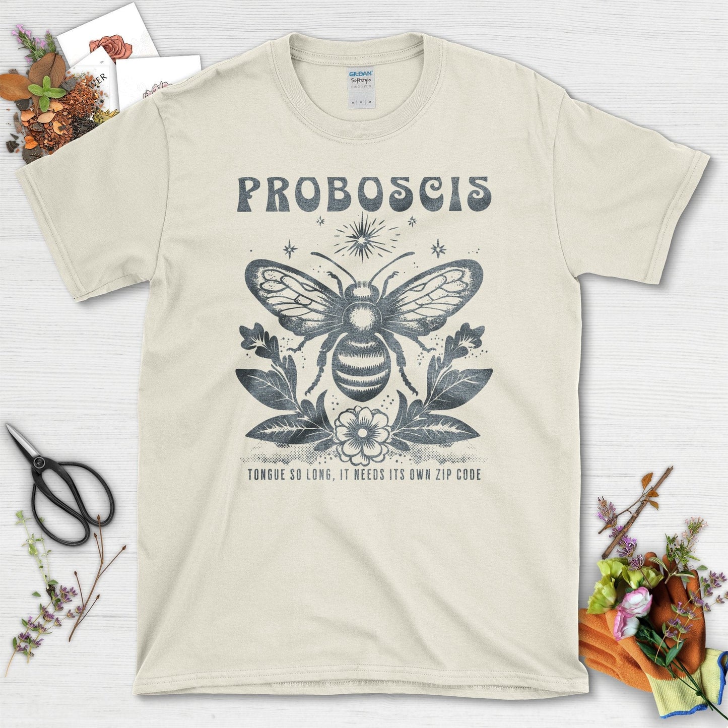 Bee Illustration Proboscis Tongue Long Zip Code T-Shirts Natural / S T-Shirt