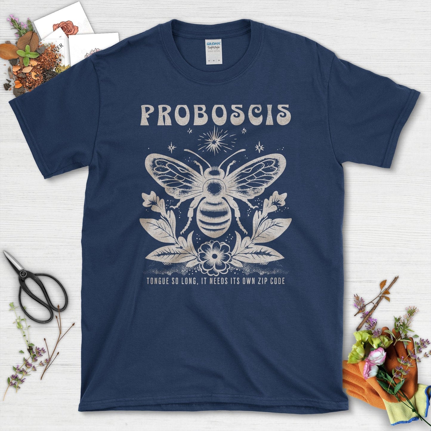 Bee Illustration Proboscis Tongue Long Zip Code T-Shirts Navy / S T-Shirt