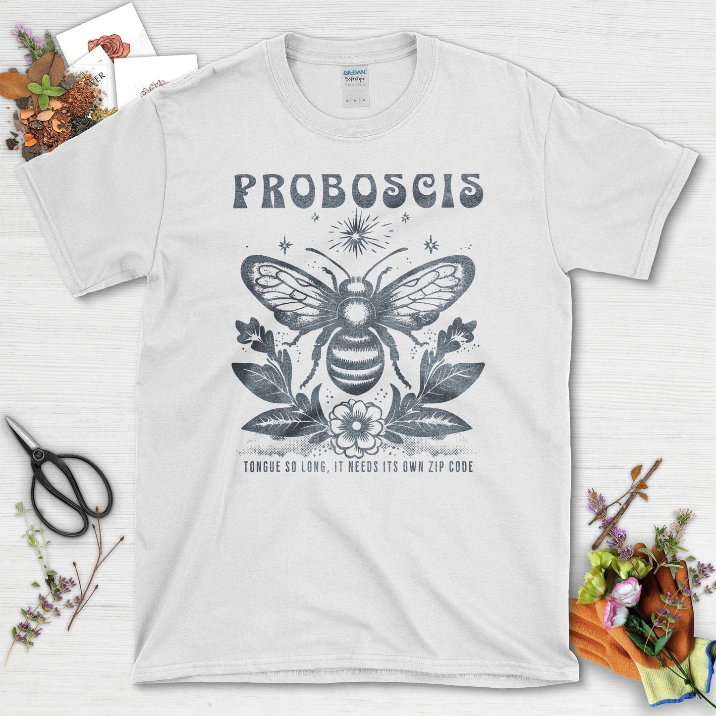 Bee Illustration Proboscis Tongue Long Zip Code T-Shirts White / S T-Shirt