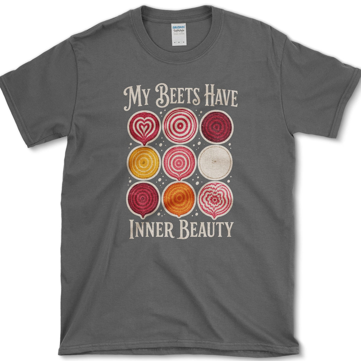Nine red, gold, pink, and cream beet cross-sections with My Beets Have Inner Beauty lettering