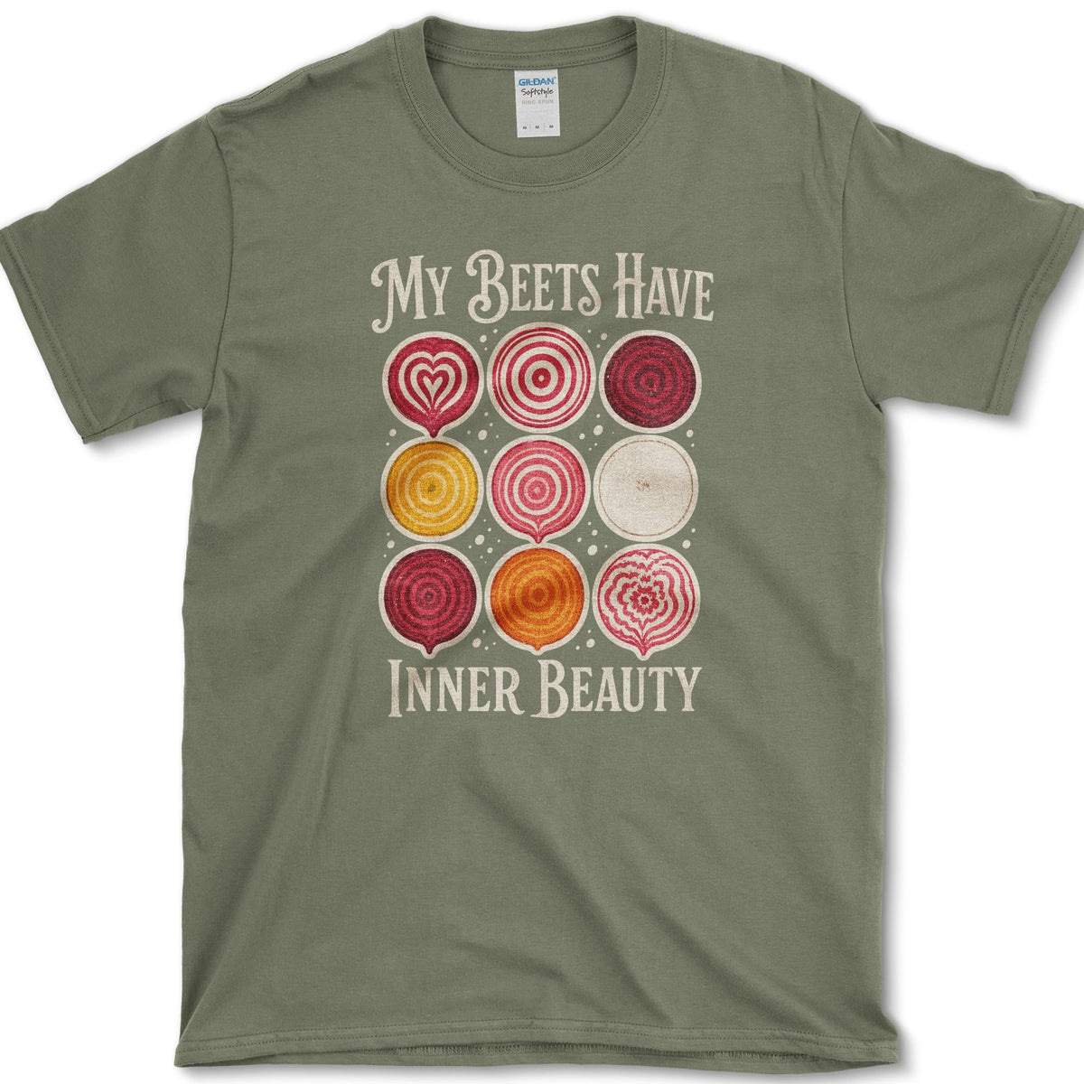 Nine red, gold, pink, and cream beet cross-sections with My Beets Have Inner Beauty lettering