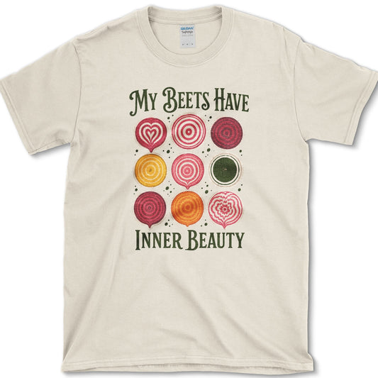 Nine red, gold, pink, and cream beet cross-sections with My Beets Have Inner Beauty lettering