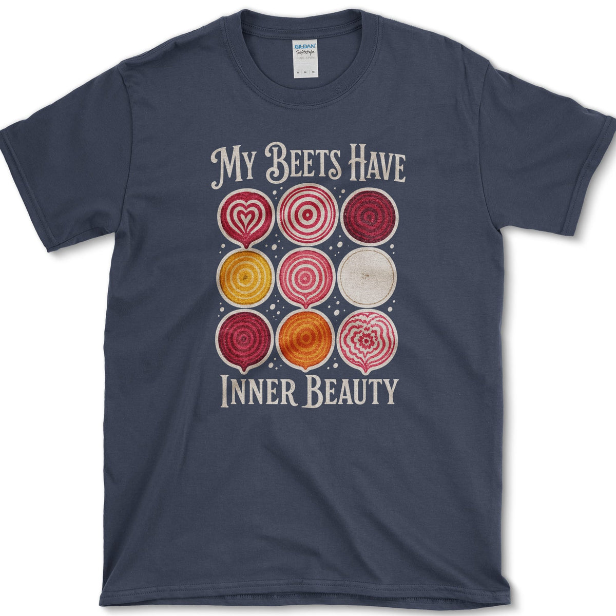 Nine red, gold, pink, and cream beet cross-sections with My Beets Have Inner Beauty lettering