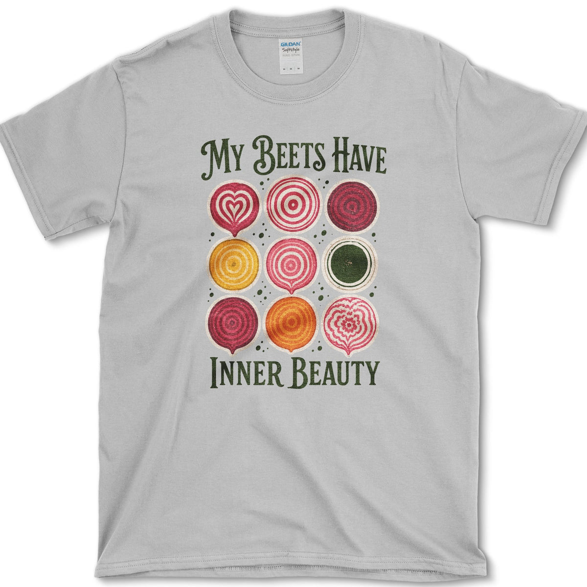 Nine red, gold, pink, and cream beet cross-sections with My Beets Have Inner Beauty lettering