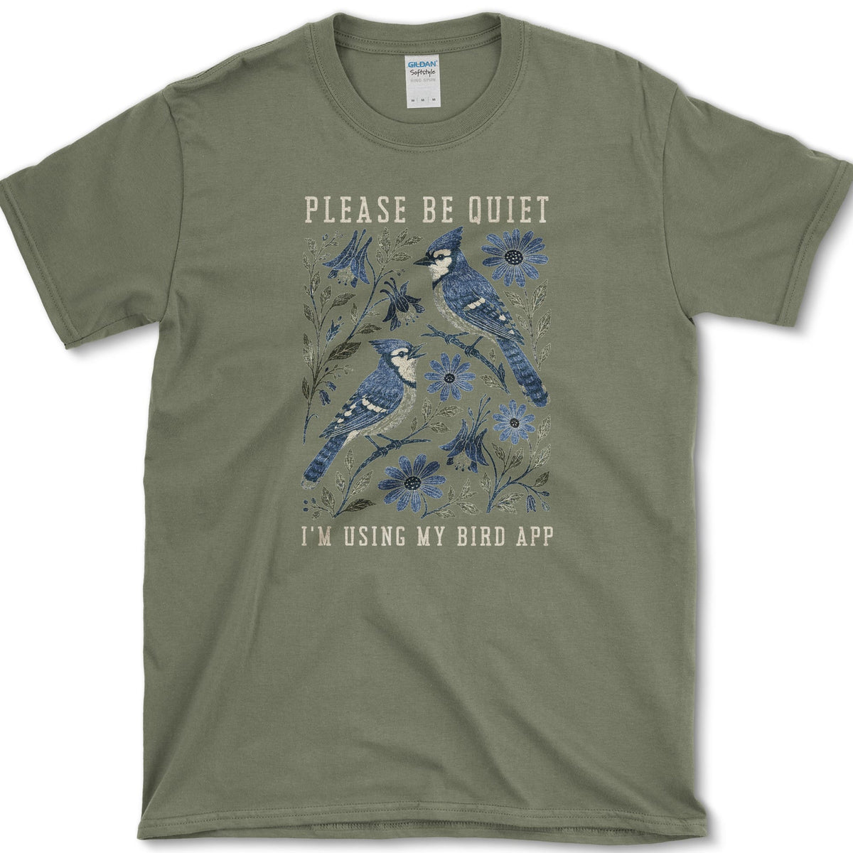 Two blue jays perched among blue flowers with Please Be Quiet, I am Using My Bird App lettering