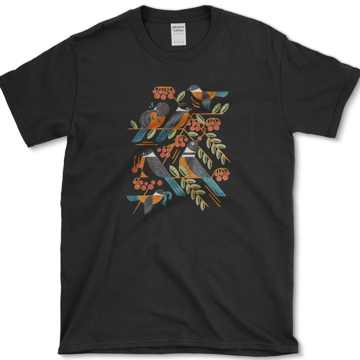 Bird Branch Red Berries T-Shirt Black / S Essential Tees
