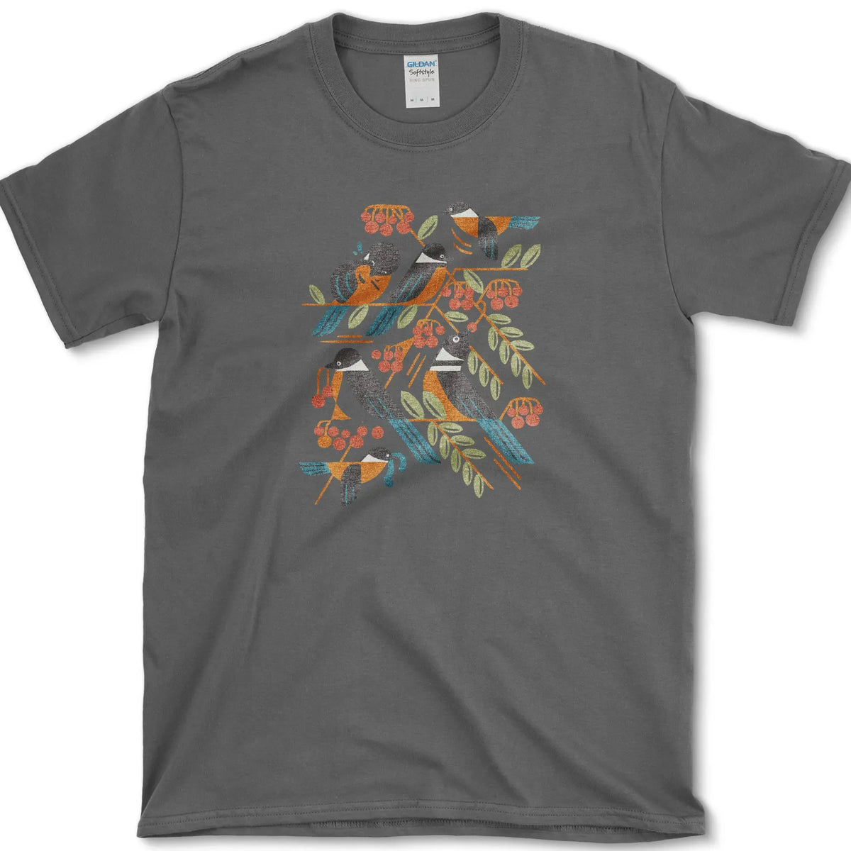 Bird Branch Red Berries T-Shirt Dark Heather / S Essential Tees
