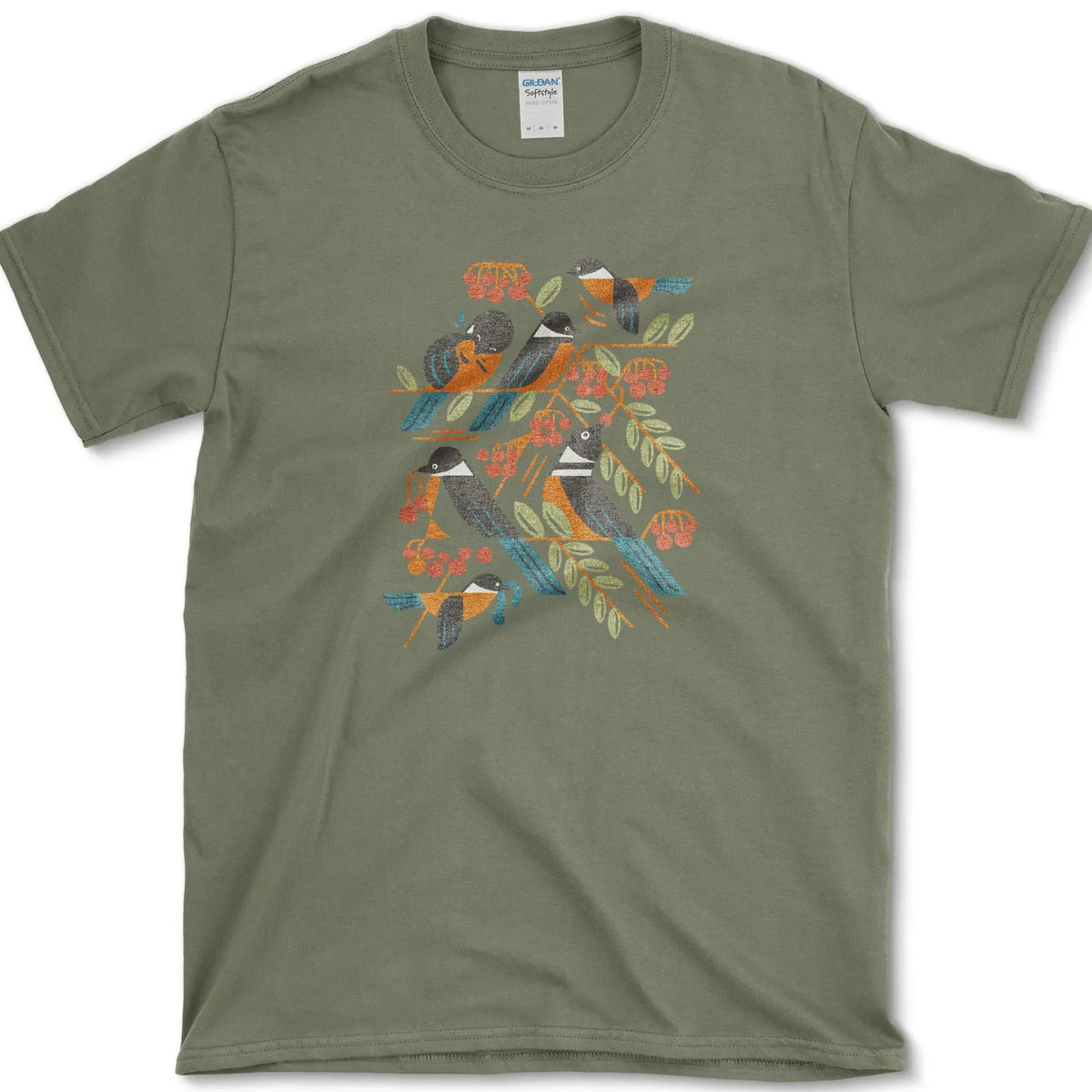 Bird Branch Red Berries T-Shirt Military Green / S Essential Tees