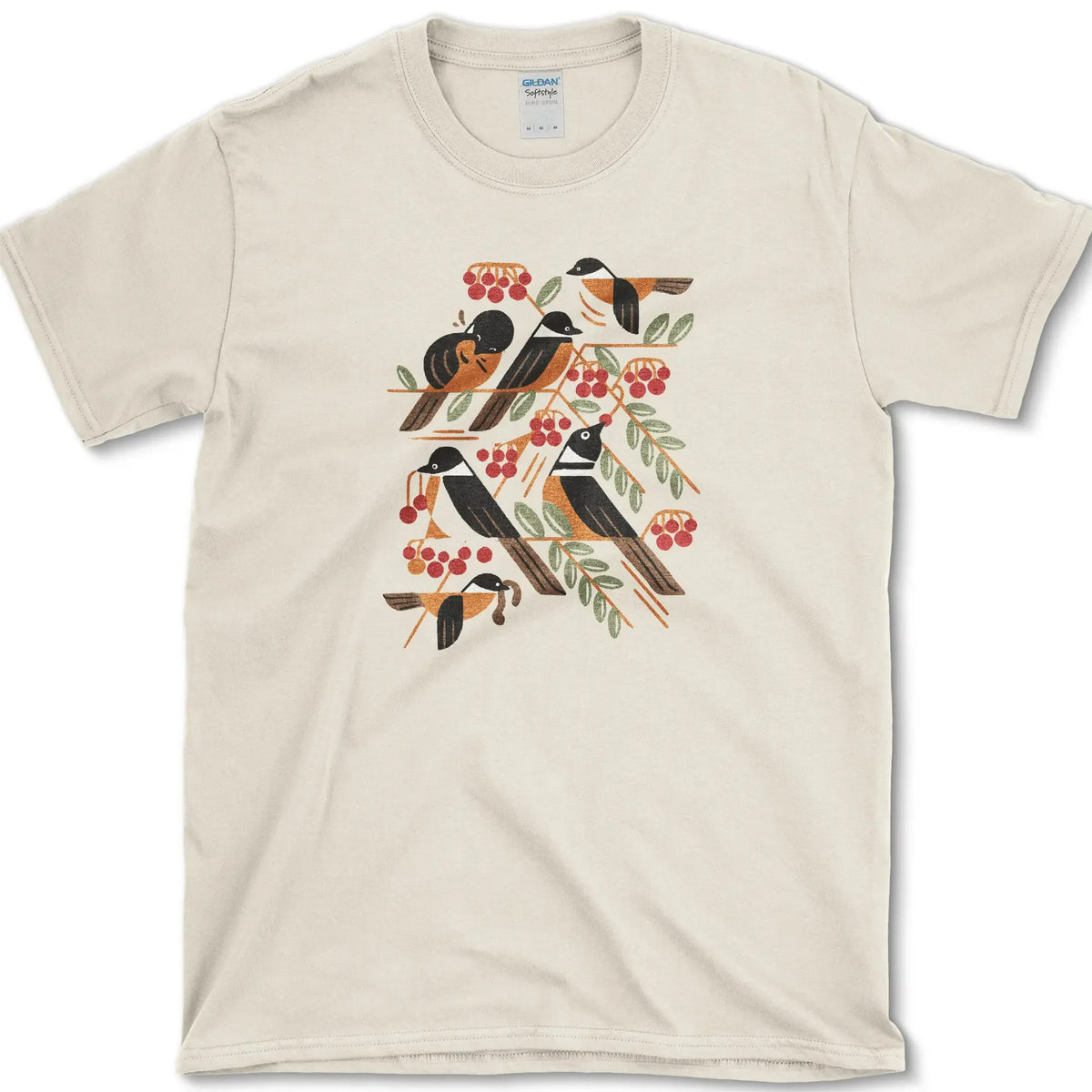 Bird Branch Red Berries T-Shirt Natural / S Essential Tees