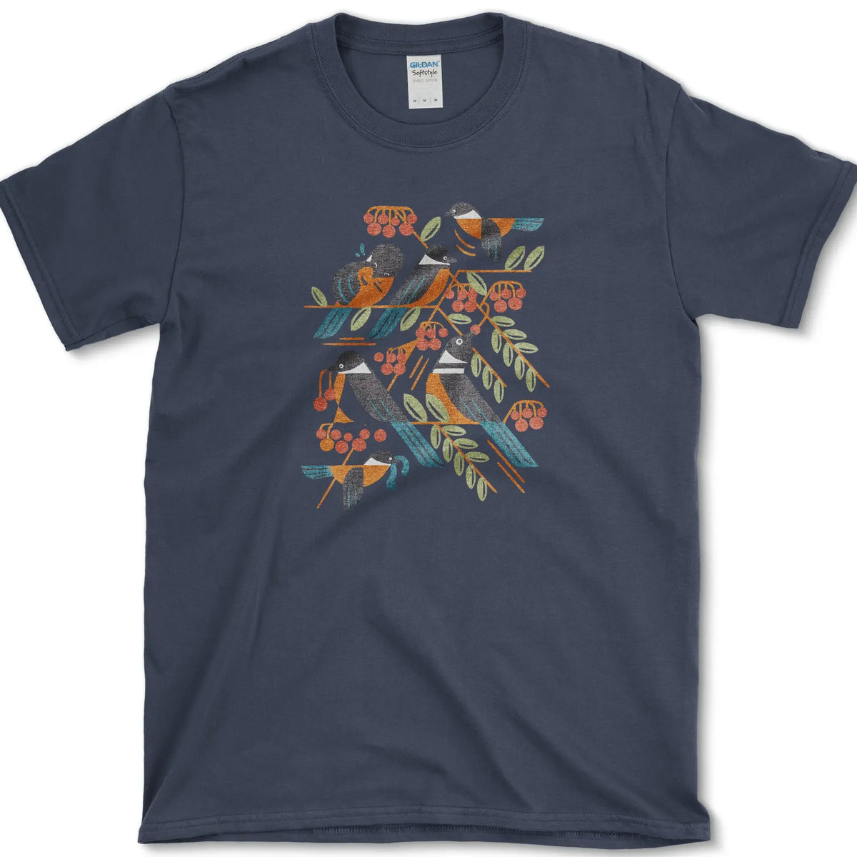 Bird Branch Red Berries T-Shirt Navy / S Essential Tees