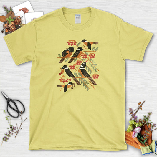 Bird Branch Red Berries T-Shirt T-Shirts / S / Cornsilk Physical Item