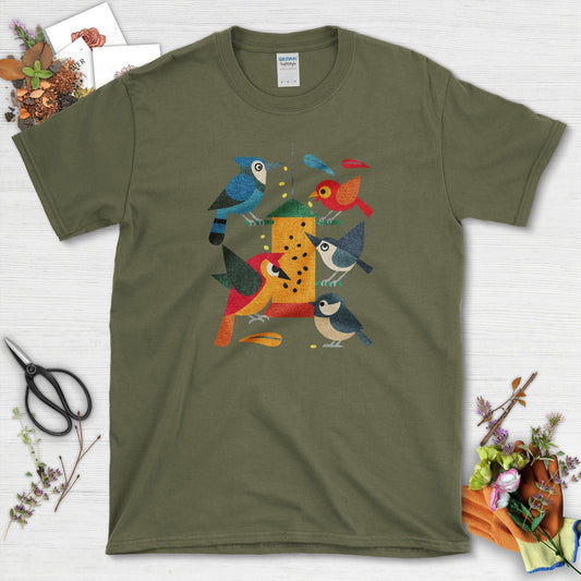 Bird Feeder Frenzy T-Shirt T-Shirts / S / Military Green Physical Item