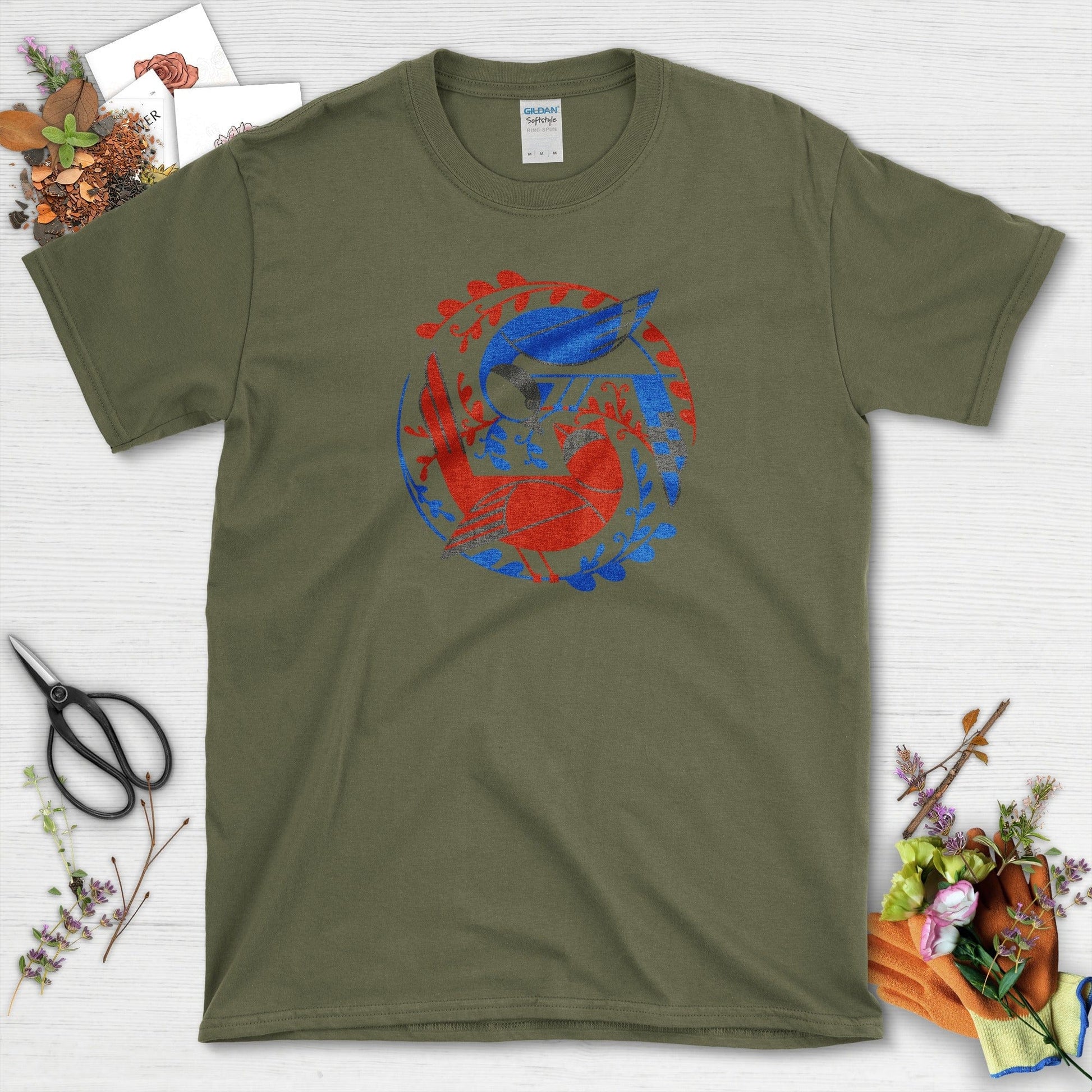 Birds In The Garden T-Shirt Military Green / S Physical Item