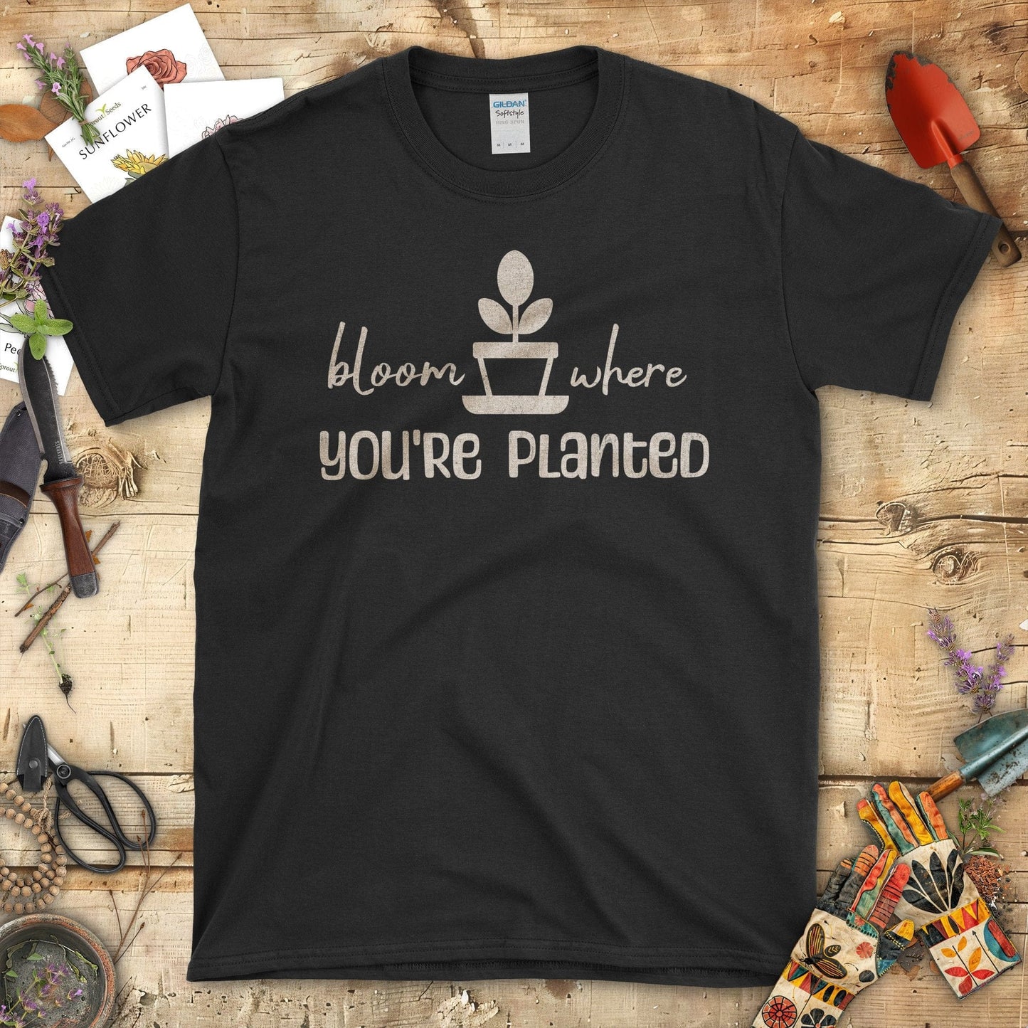 Bloom Where You're Planted Inspirational Quote T-Shirt Black / S T-Shirt