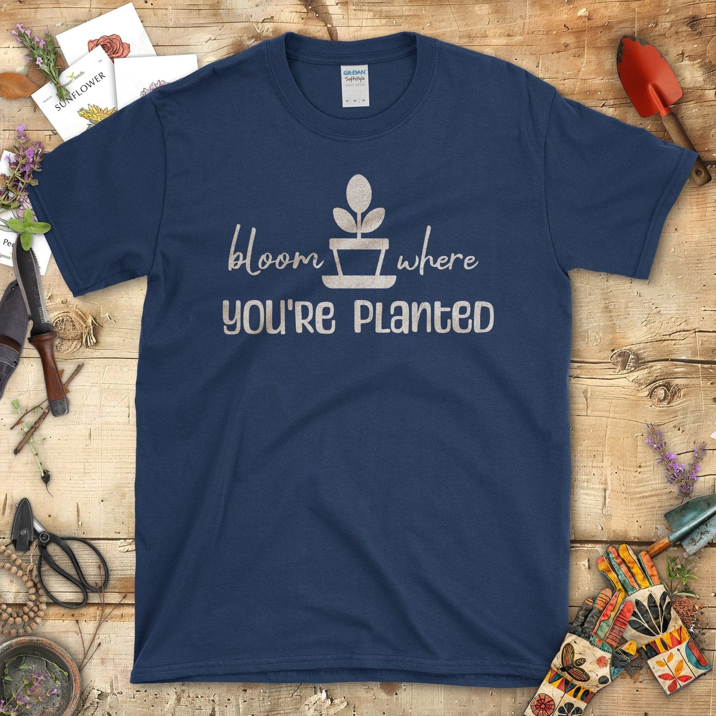 Bloom Where You're Planted Inspirational Quote T-Shirt Navy / S T-Shirt