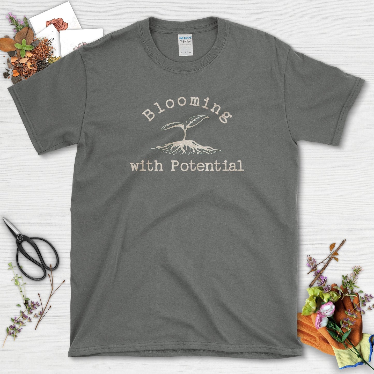 Blooming with Potential Garden-Inspired Eco-Friendly T-Shirts Charcoal / S Physical Item