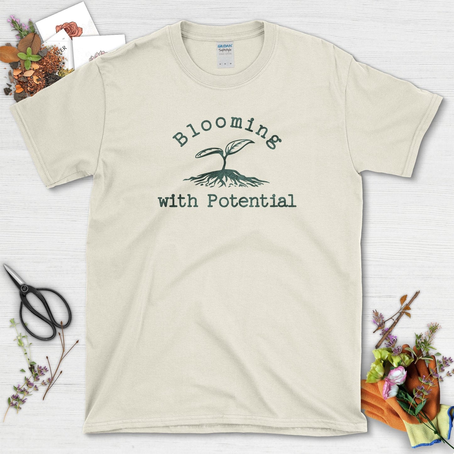 Blooming with Potential Garden-Inspired Eco-Friendly T-Shirts Natural / S Physical Item