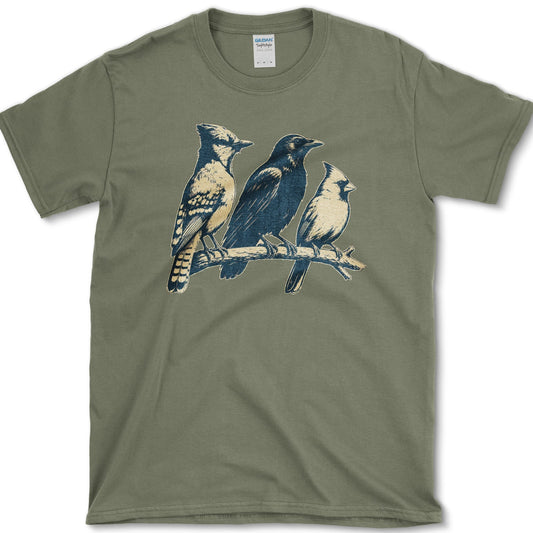 Blue Jay Crow Cardinal T-Shirt S / Military Green Essential Tees