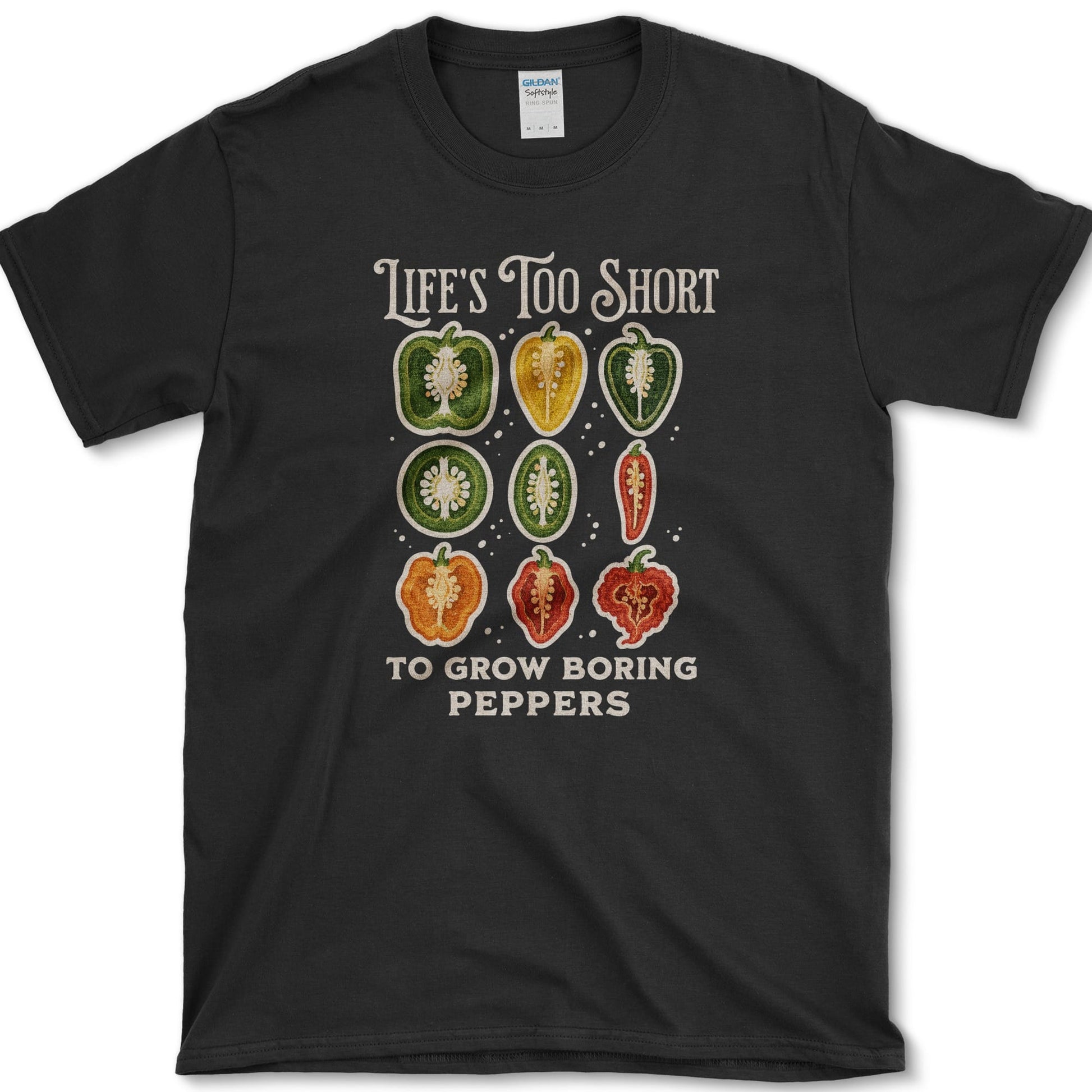 Boring Peppers design featuring pepper gardener artwork on a t-shirt