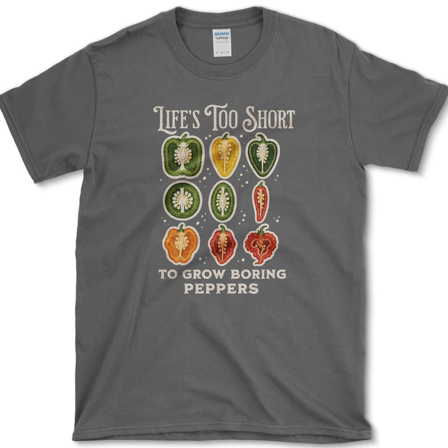 Boring Peppers design featuring pepper gardener artwork on a t-shirt
