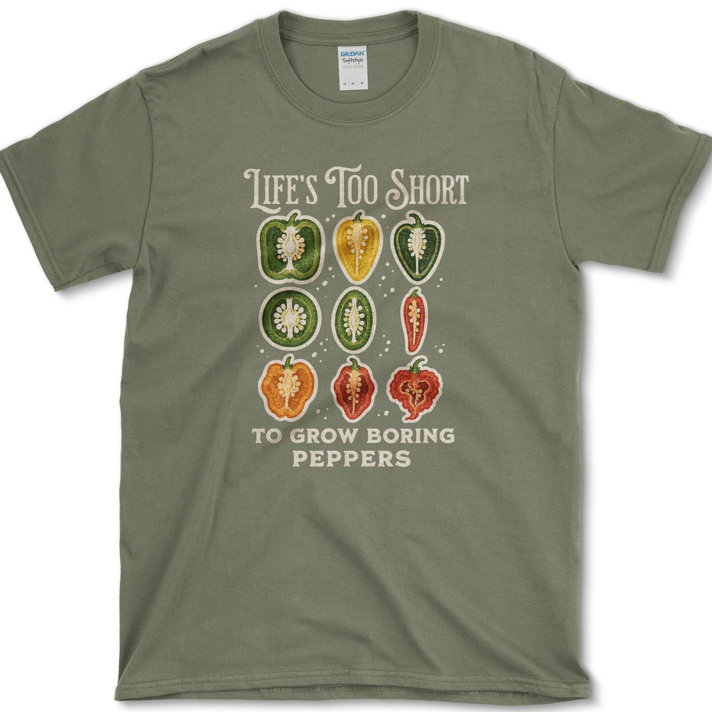 Boring Peppers design featuring pepper gardener artwork on a t-shirt