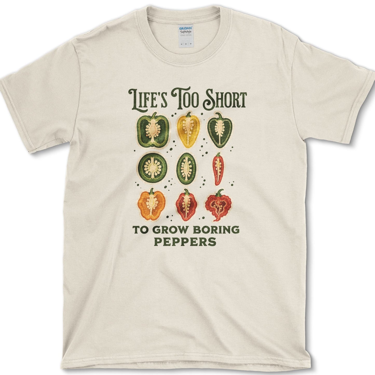 Boring Peppers design featuring pepper gardener artwork on a t-shirt