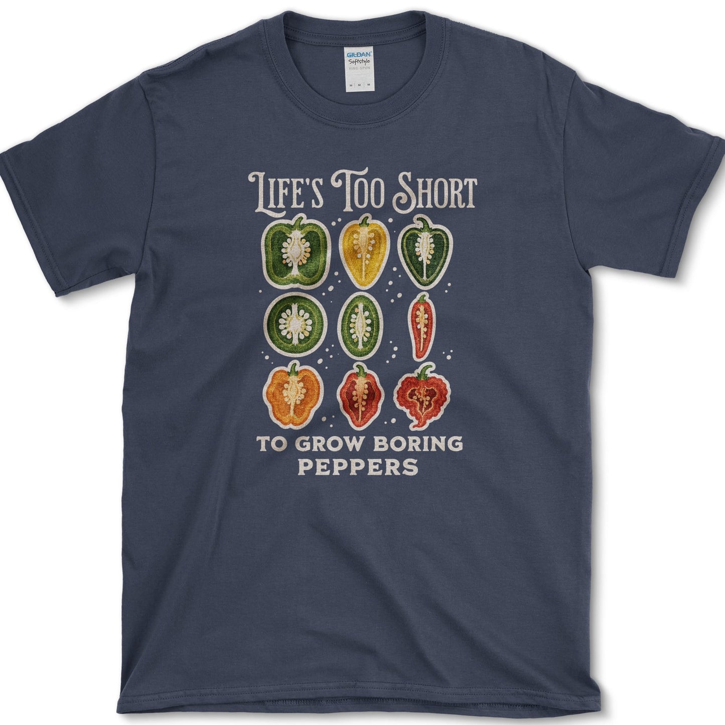 Boring Peppers design featuring pepper gardener artwork on a t-shirt