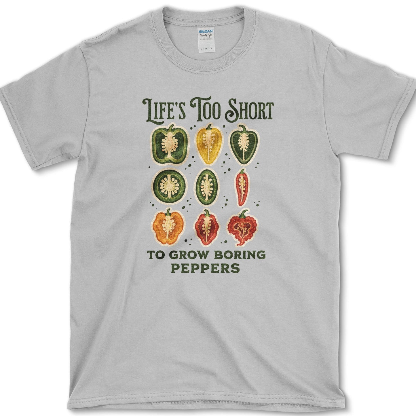 Boring Peppers design featuring pepper gardener artwork on a t-shirt