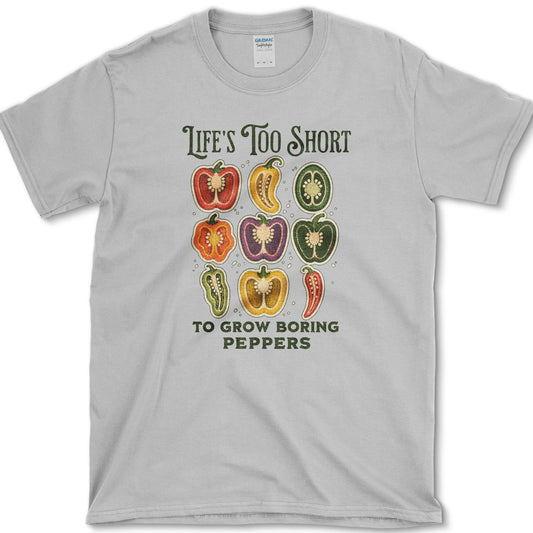 Nine colorful sliced bell peppers beneath Life's Too Short to Grow Boring Peppers lettering